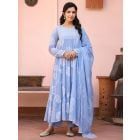 Blue Printed Cotton Mulmul Suit - Set of 3