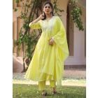 Yellow Embroidered Cotton Dobby Jacquard Suit- Set of 3