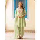 Pista  Green Embroidered Chanderi Silk Suit- Set of 3
