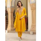 Mustard Yellow Embroidered Chanderi Silk Suit- Set of 3