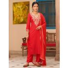 Red Embroidered Chanderi Silk Suit- Set of 3