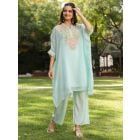 Turquoise Embroidered Organza Kaftan with Inner and Pants- Set of 2