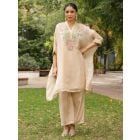 Beige Embroidered Organza Kaftan with Inner and Pants- Set of 2