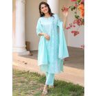 Aqua Blue Embroidered Cotton Mulmul Suit- Set of 3