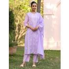 Lavender Embroidered Cotton Mulmul Suit- Set of 3