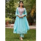 Blue Embroidered Cotton Mulmul Suit- Set of 3
