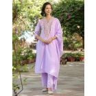 Lilac Embroidered Cotton Mulmul Suit- Set of 3
