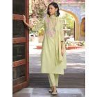 Lime Green Embroidered Cotton Mulmul Suit- Set of 3