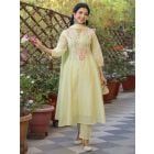 Lime Green Embroidered Cotton Mulmul Suit- Set of 3