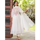 White Embroidered Cotton Mulmul Suit- Set of 3