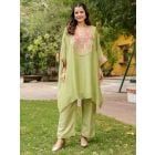 Olive Green Embroidered Organza Kaftan with Inner and Pants- Set of 2