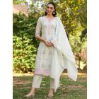 Pista Green Embroidered Cotton Mulmul Suit- Set of 3