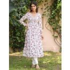 White Fuchsia Hand Block Printed Cotton Cambric Kurta with Shrug and Pants - Set of 3