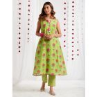 Green Red Printed Chanderi Kurta with Cotton Pants- Set of 2