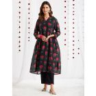 Black Red Printed Chanderi Gathered Kurta with Cotton Pants- Set of 2