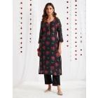 Black Red Printed Chanderi Kurta with Cotton Pants- Set of 2