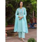 Turquoise Embroidered Cotton Suit- Set of 3