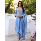 Powder Blue Embroidered Cotton Suit- Set of 3