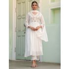 White Embroidered Cotton Mulmul Suit- Set of 3