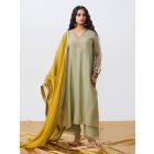 Sage Green Hand Embroidered Chanderi Mul Kurta with Pants- Set of 2