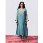 Aqua Blue Embroidered Cotton Silk Pants