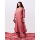 Pink Hand Embroidered Chanderi Mul Kurta with Pants- Set of 2