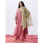 Pink Hand Embroidered Chanderi Mul Kurta with Pants- Set of 2