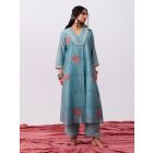 Aqua Blue Hand Block Printed Chanderi Silk Kurta with Pants- Set of 2