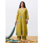 Green Hand Block Printed Chanderi Silk Kurta with Pants- Set of 2