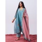 Aqua Blue Hand Block Printed Chanderi Silk Kurta with Pants- Set of 2