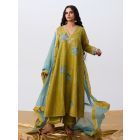 Green Hand Block Printed Chanderi Silk Kurta with Pants- Set of 2