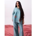 Aqua Blue Hand Block Printed Chanderi Silk Co-ord Set- Set of 2