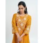 Yellow Hand Embroidered Chanderi Striped Kurta with Pants - Set of 2