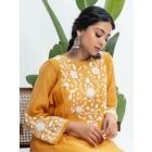 Yellow Hand Embroidered Chanderi Kurta with Pants - Set of 2