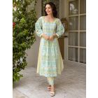 Lime Green Printed Cotton Kurta with Afghani Pants- Set of 2