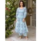 Sky Blue Printed Cotton Kurta with Afghani Pants- Set of 2