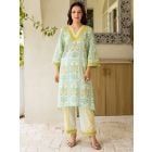 Lime Green Printed Cotton Kurta with Pants- Set of 2