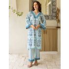Sky Blue Printed Cotton Kurta with Pants- Set of 2