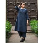 Navy Blue Zari Striped Cotton Kurta with Pants- Set of 2
