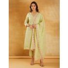 Green Embroidered Cotton Suit- Set of 3