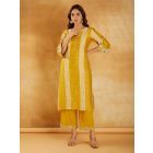 Yellow Bandhani Printed Chanderi Kurta with Pants- Set of 2