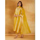 Yellow Bandhani Printed Chanderi Dori Embroidered Suit- Set of 3