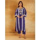 Blue Bandhani Printed Chanderi Dori Embroidered Kurta with Pants- Set of 2