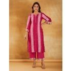 Pink Bandhani Printed Chanderi Kurta with Pants- Set of 2