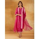 Pink Bandhani Printed Chanderi Suit- Set of 3