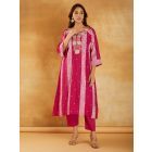 Pink Bandhani Printed Chanderi Dori Embroidered Kurta with Pants- Set of 2