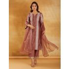 Brown Bandhani Printed Chanderi Suit- Set of 3