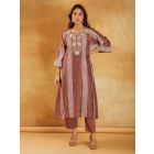 Brown Bandhani Printed Chanderi Dori Embroidered Kurta with Pants- Set of 2
