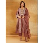 Brown Bandhani Printed Chanderi Dori Embroidered Suit- Set of 3