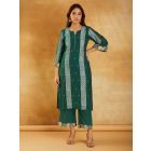 Green Bandhani Printed Chanderi Kurta with Pants- Set of 2